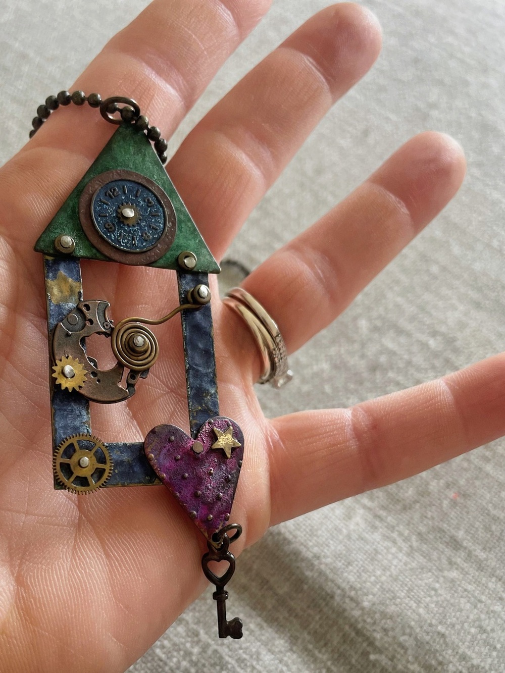 Steampunk Handcrafted Mixed-Metal Blue and Purple House artisan Pendant Necklace